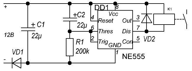 Схема реле с автоотключением на таймере NE555